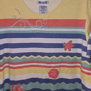Blair Striped Embroidered Beach themed Shells waves Womens T-Shirt X-Large
